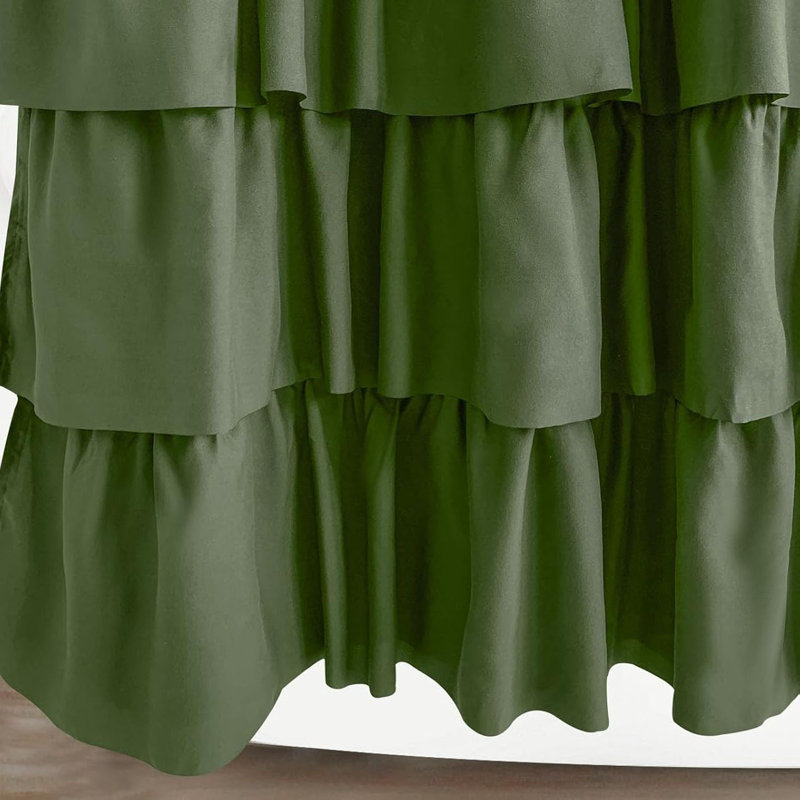 White and Green Ruffled Fabric Shower Curtain with Wooden Buttons