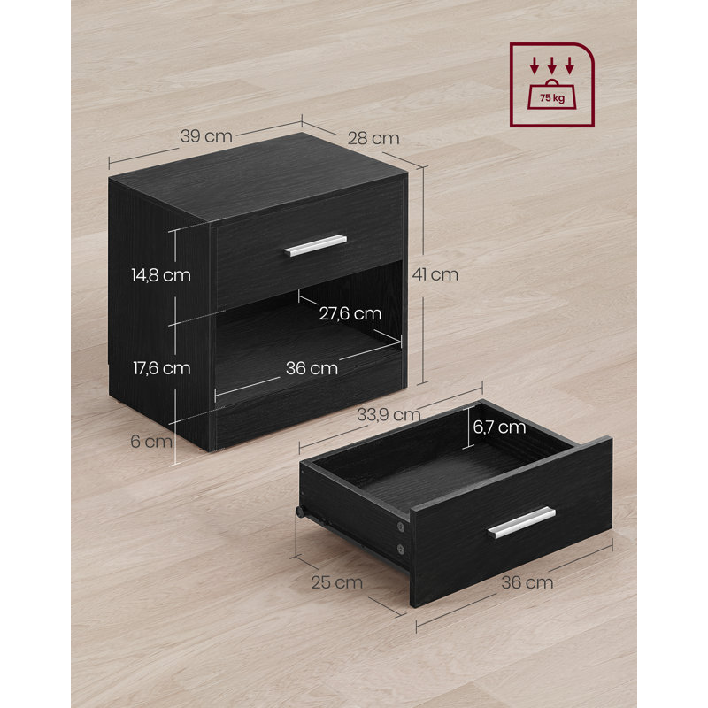 Meraya 39cm W Particle Board / Chipboard Bedside Table, Classic Black