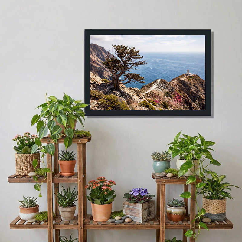 Art mural sur toile Windblown Tree and Lighthouse on Rocky Coast, 20"H x 30"W