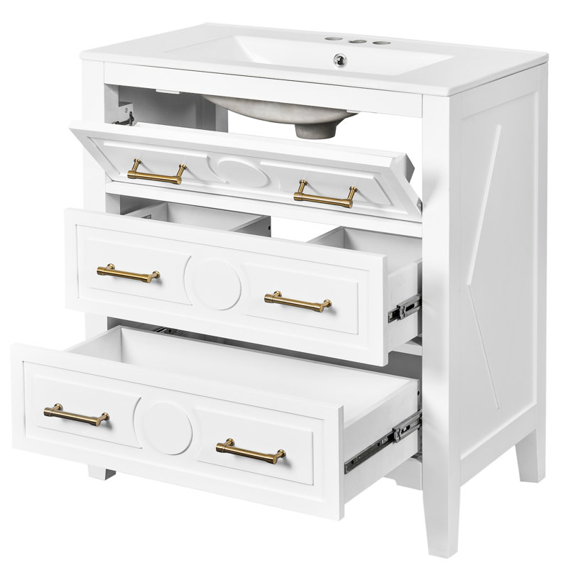 Meuble-lavabo classique 30 po avec 3 tiroirs, tableau de haute qualité et charnières réglables à fermeture douce, structure en bois massif équipé, apparence