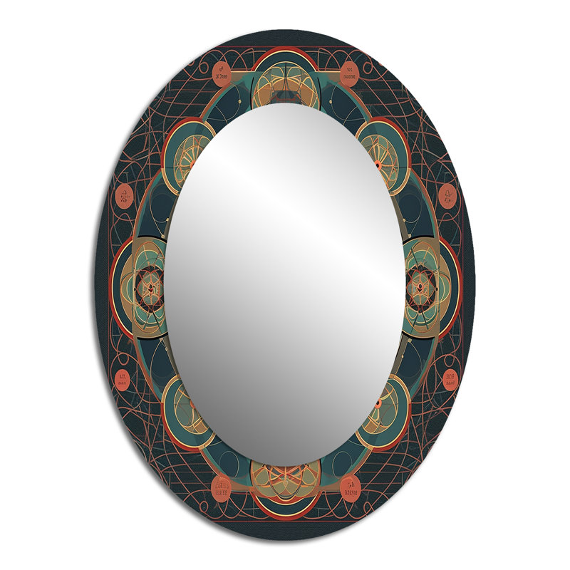 Sacré mystère rétro Alchimie Mandala III - Miroir décoratif ovale abstrait sur métal, 40 po x 30 po