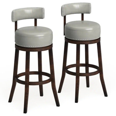 Tabourets de bar pivotants de 30 po, bois massif de chêne foncé et gris, chaises de salle à manger transitionnelles, siège rembourré et garniture cloutée envoûtante de 2 tabourets, style pour la salle à manger, ravissant