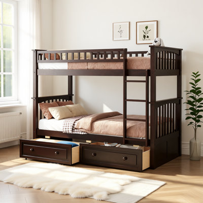 Lit superposé convertible avec tiroirs, structure en bois massif avec barrière de sécurité et rangement sous le lit
