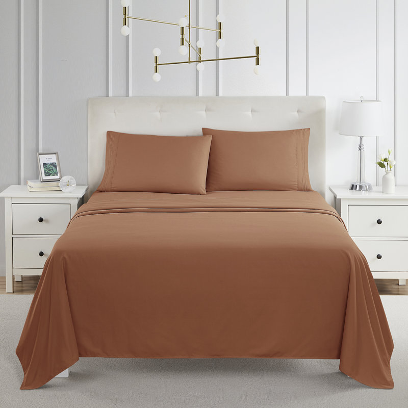  Ensemble de draps double brossé de luxe pour hôtel avec draps et taies d'oreiller très doux, Terre de sienne rouille, Grand