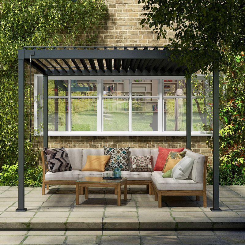80/88S Steel Frame Pergola with Adjustable Louvered Roof, Charcoal, 10 ft W x 10 ft D