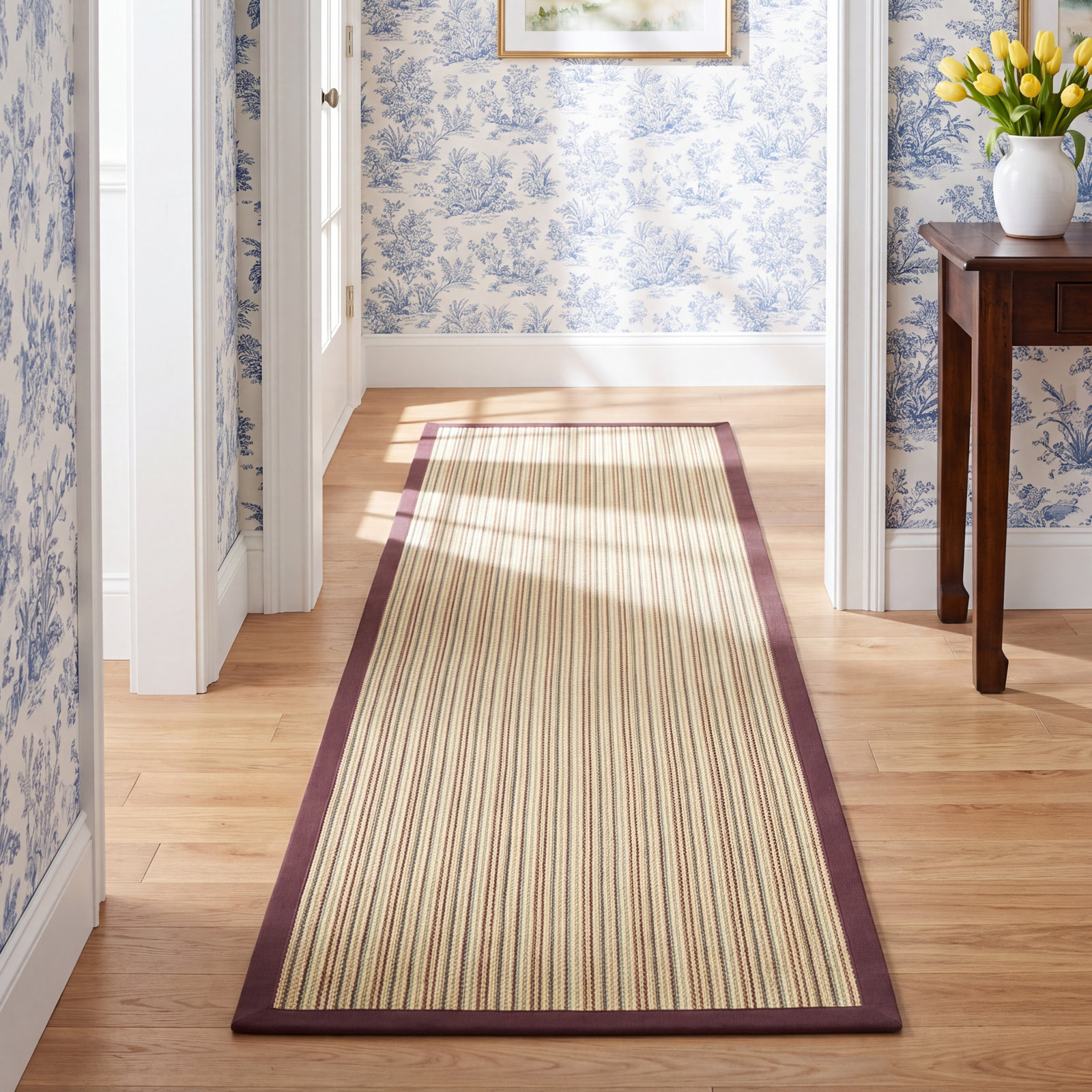 Beige Purple Striped Jute Rug, Runner 2'6" x 8'