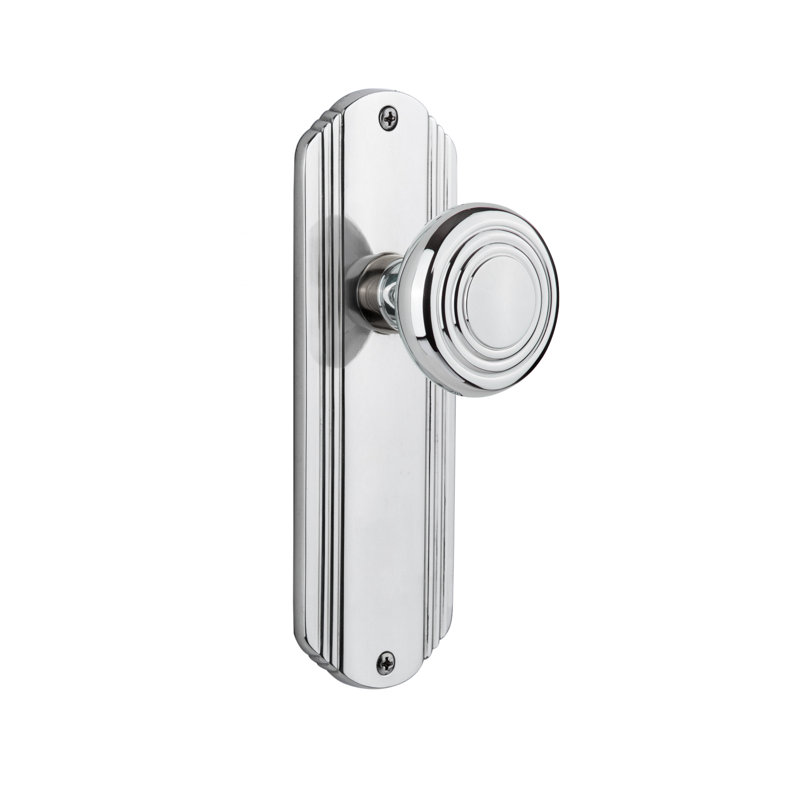 Deco Interior Mortise Door Knob with Deco Long Plate, Bright Chrome, 2 1/4