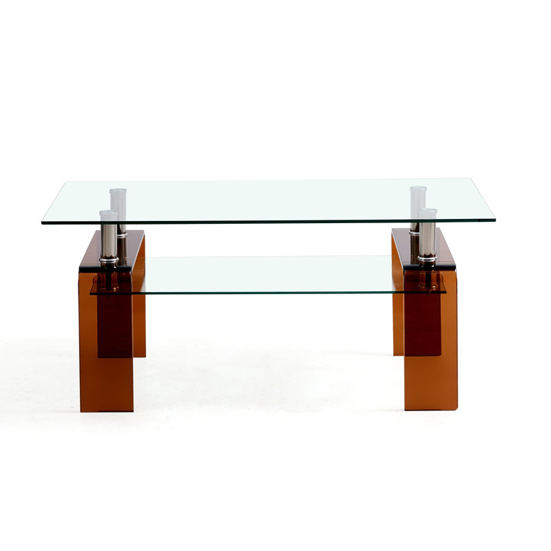 Table basse 39 "en verre transparent et brun avec tablette, Brun