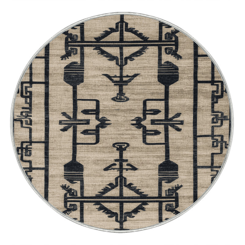 Tapis beige Art Deco lavable à la machine, Rond 3 pi