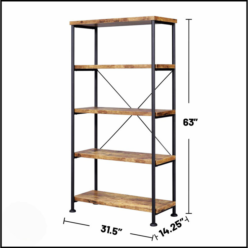 5-Shelf Bookcase In Antique Nutmeg With Black Metal Frame,  For Rustic And Modern Interiors, Antique Brown