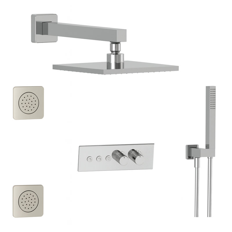 LineaBox Horizontal Square 3-Way Diverter Shower System with 8-Inch Rain Shower Head, Two Body Sprays and Wall Mounted Hand Shower, Valve Included