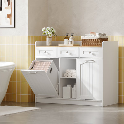 Armoire à linge à 3 tiroirs avec paniers doubles, rangement autoportant, armoire à poubelle cachée, panier à linge inclinable en bois pour la salle de lavage, la salle de bain, le couloir, la cuisine