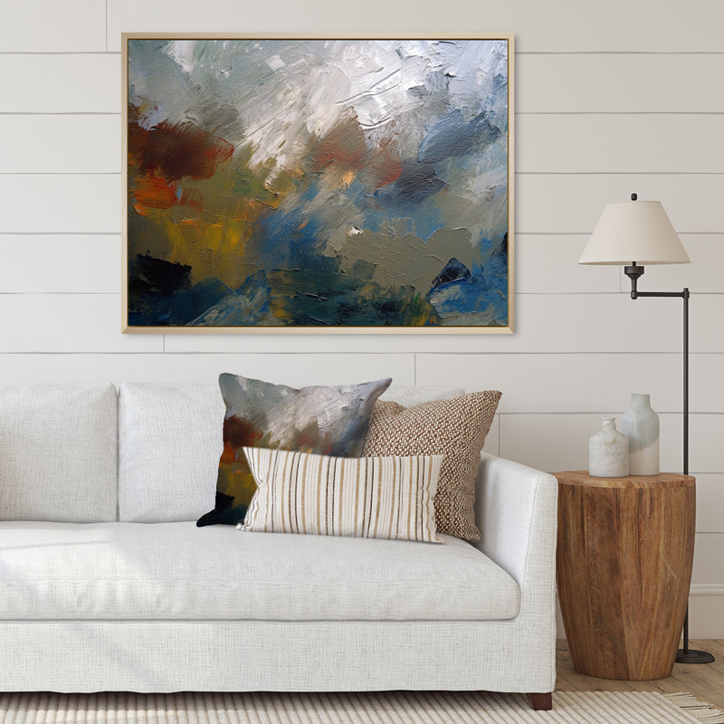 «Feeling Autumn Abstract» - rouge, orange, bleu, H 12 po x l 20 po x P 1 po, Cadre naturel flottant