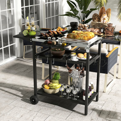 Chariot de bar pour patio, plateau de table en acier inoxydable et 2 couches, support à assiettes à serviette, extérieur noir avec dessus, porte-poubelle,