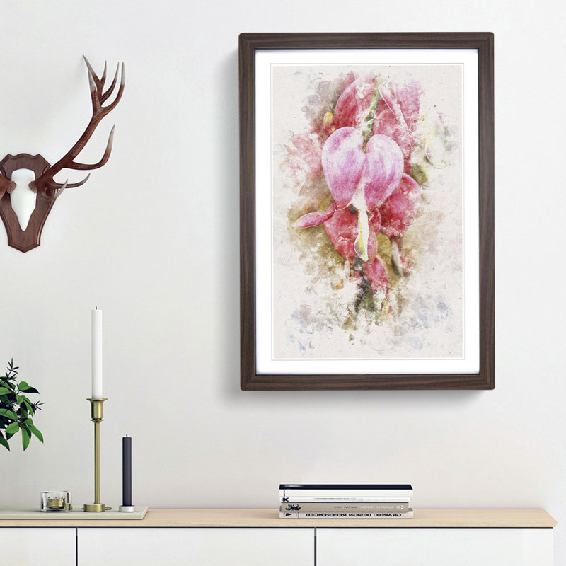Pink Bleeding Heart Flowers - Picture Frame Painting Print, Walnut Framed, 45cm H x 33cm W x 2cm D