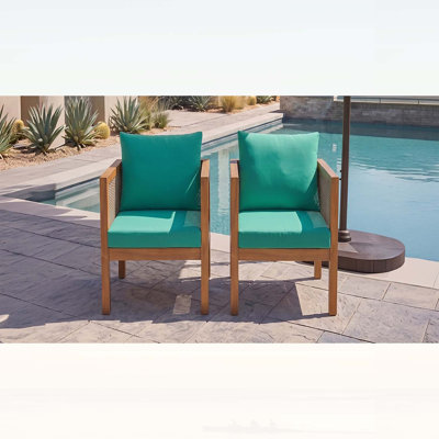 2 Piece Outdoor Armchair Set with Acacia Wood and Green Cushions, Perfect for Patio, Garden, and Balcony