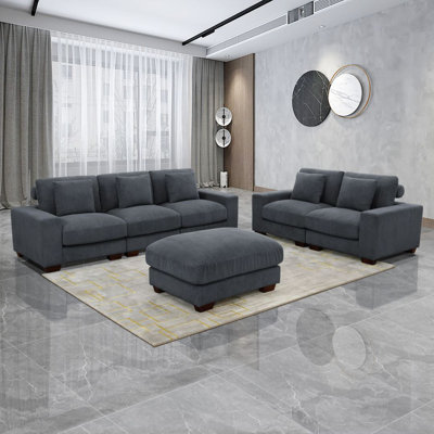 Dark Gray Corduroy 6-Piece Living Room Sofa Set Loveseat And 3 Seater