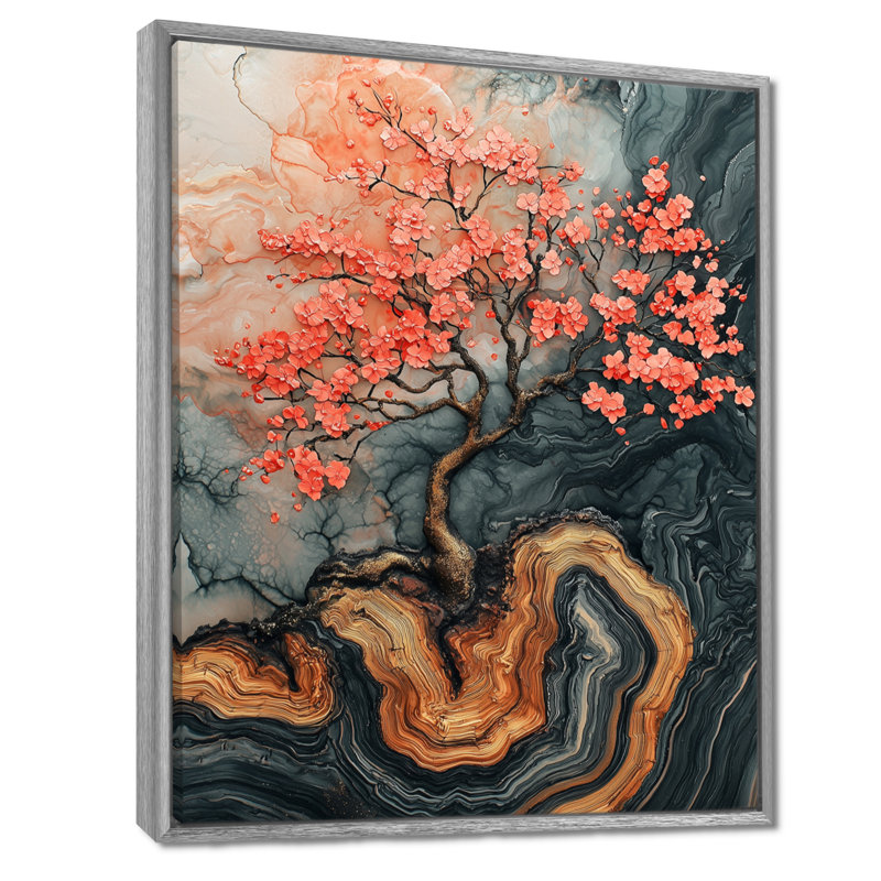 Arbre de fleur de cerisier Gil Gil, Argent argent, H 32 po x l 24 po, Reproduction avec cadre flottant