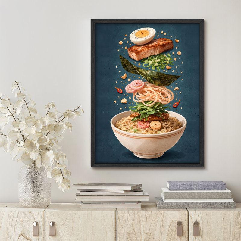 Floating Ramen Ingredients Illustration Framed Wall Art Prints - Modern Kitchen Decor, Noir, H 16 po x l 12 po