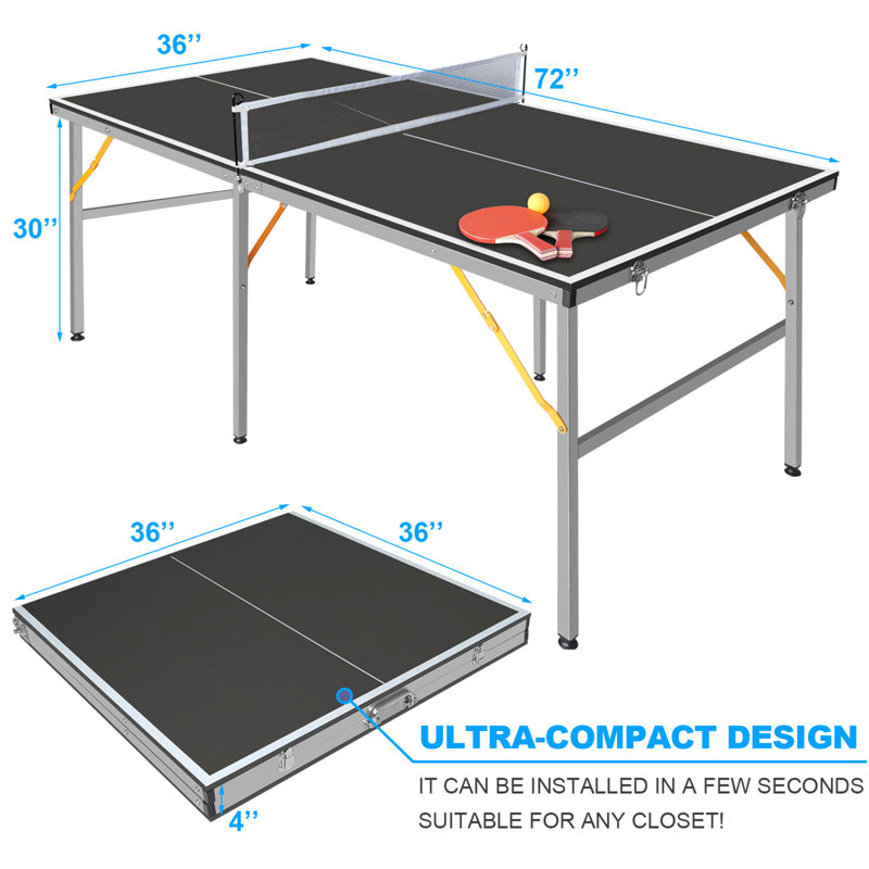Ensemble de table de tennis de table pliable de taille moyenne 6 pi avec filet, 2 raquettes et 3 balles, Noir