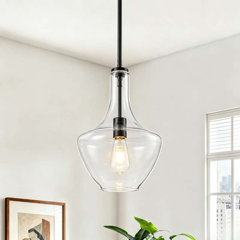 Luminaire suspendu en verre transparent à 1 lumière pour salle à manger Meltzer, Noir mat