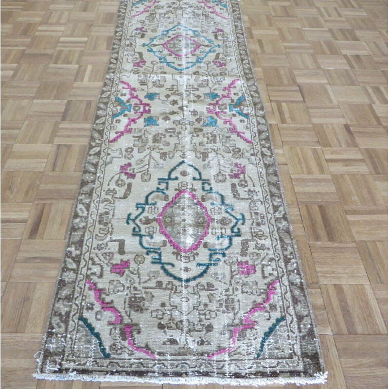 Tapis de couloir de noué à la main beige en Tapis décoratif laine de conception unique 2 pi 6 po x 7 pi 7 po Ezriel