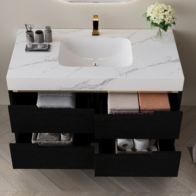 Meuble-lavabo contemporain de 35,4 po au design en faux marbre, lavabo encastré, surface en pierre frittée, armoire imperméable, 4 tiroirs de rangement, comptoir en céramique moderne à fixation murale, multicouche