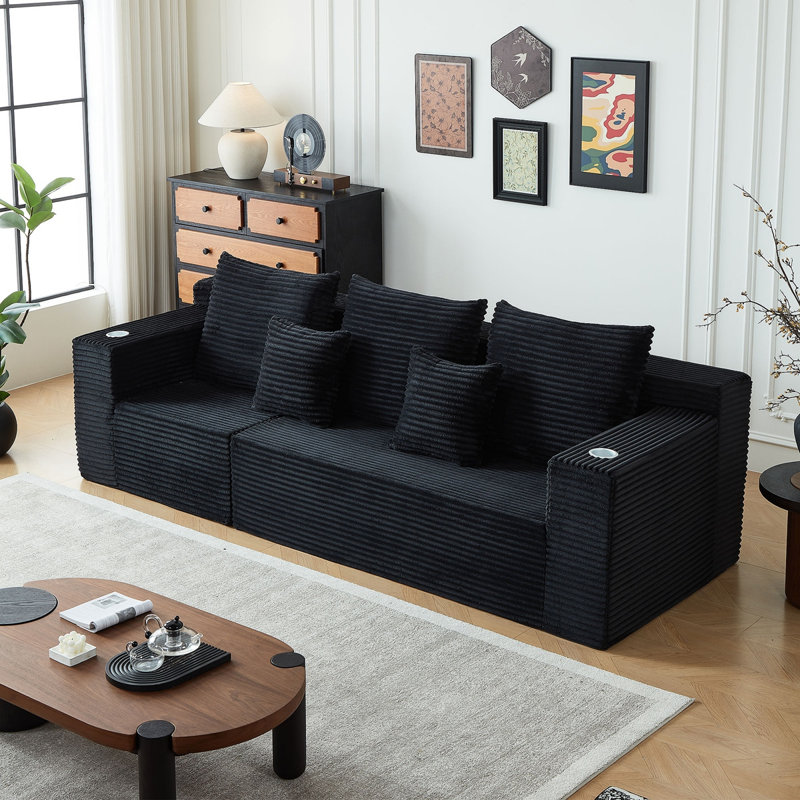 Deep Seat Corduroy Modular Cloud Couch With Cup Holders, No Assembly Required, Black