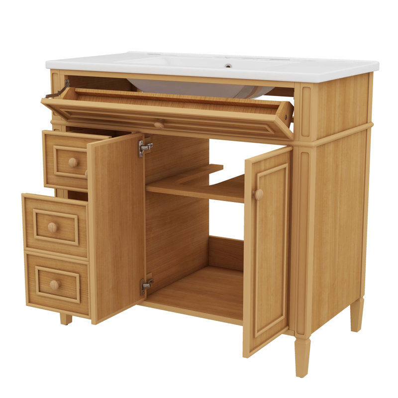 Meuble-lavabo en bois 36 po avec lavabo 36 po, 3 tiroirs et 2 portes à fermeture en douceur, bois massif / panneau de fibres à densité moyenne avec poignées en bois d'hévéa