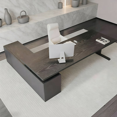 Modern Minimalist L-shaped Black Solid Wood Electric Height-adjustable Desk with Optional Left or Right Side Cabinets