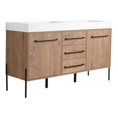 Meuble-lavabo autoportant de 60 po avec lavabo double en résine blanche et 2 portes d'armoire à fermeture en douceur et 3 tiroirs ((KD-PACKING)