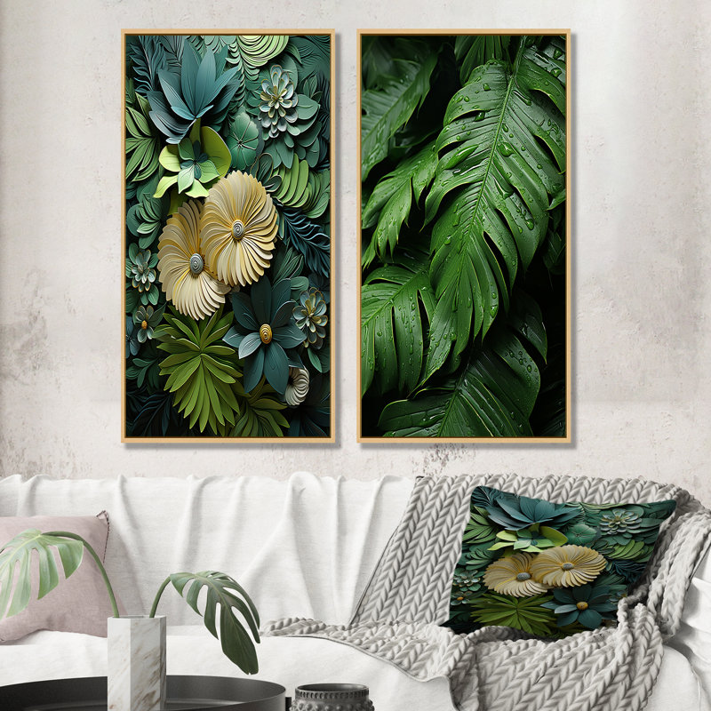 Ensemble de salon mural palmier et palmiers émeraude exotique Emerald, Cadre flottant brun, H 40 po x l 41 po