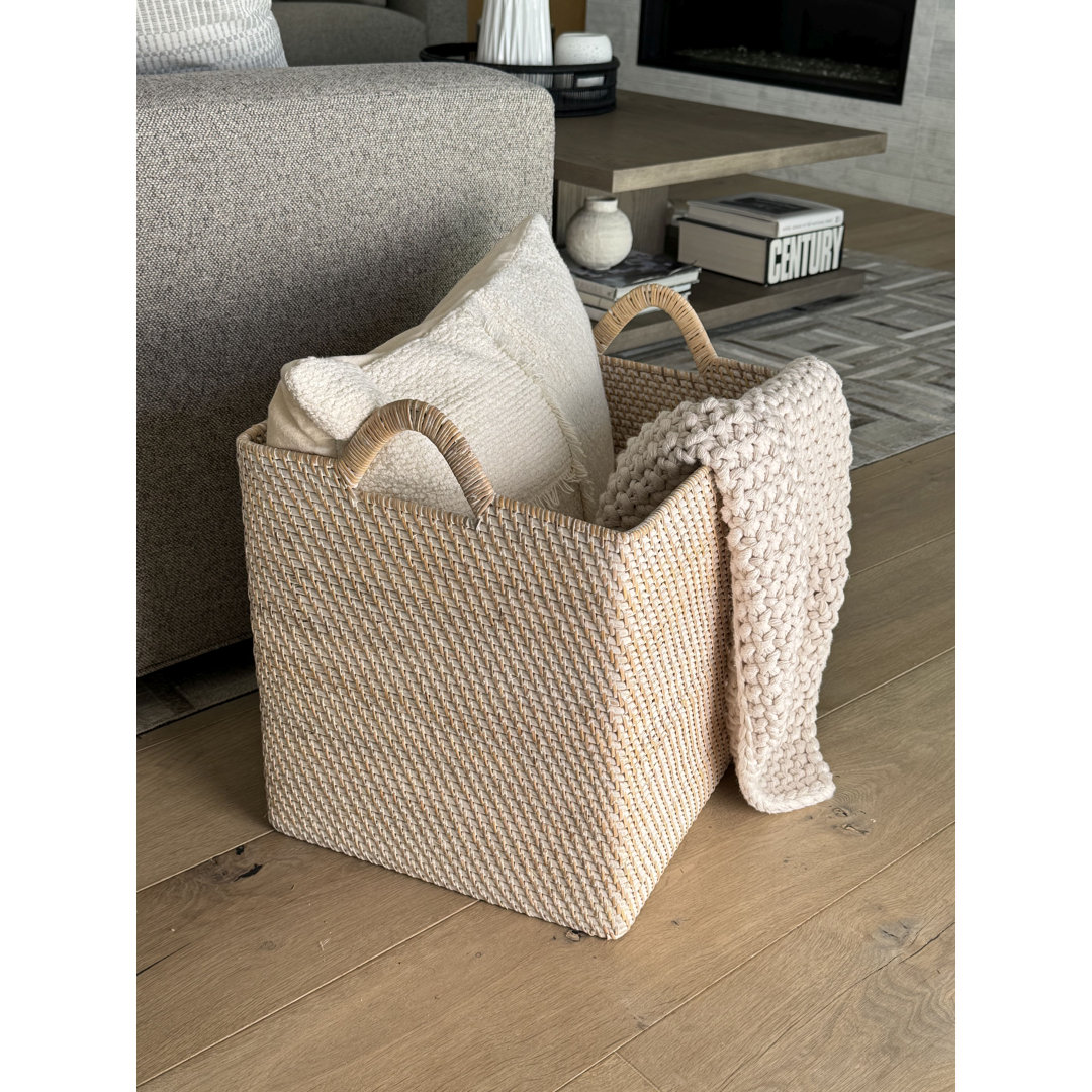 Simran Rectangular Decorative Rattan Storage Basket with Ear Handles, Large, Black/White/Brown-Wash Beachcrest Home™ 