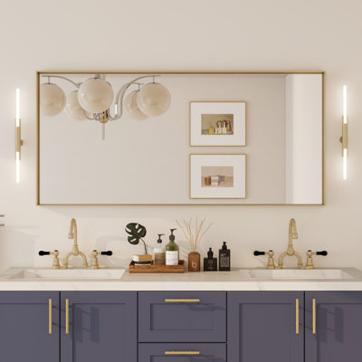 Rectangular Straight-Angled Aluminum Framed Wall-Mounted Bathroom Mirror In Gold