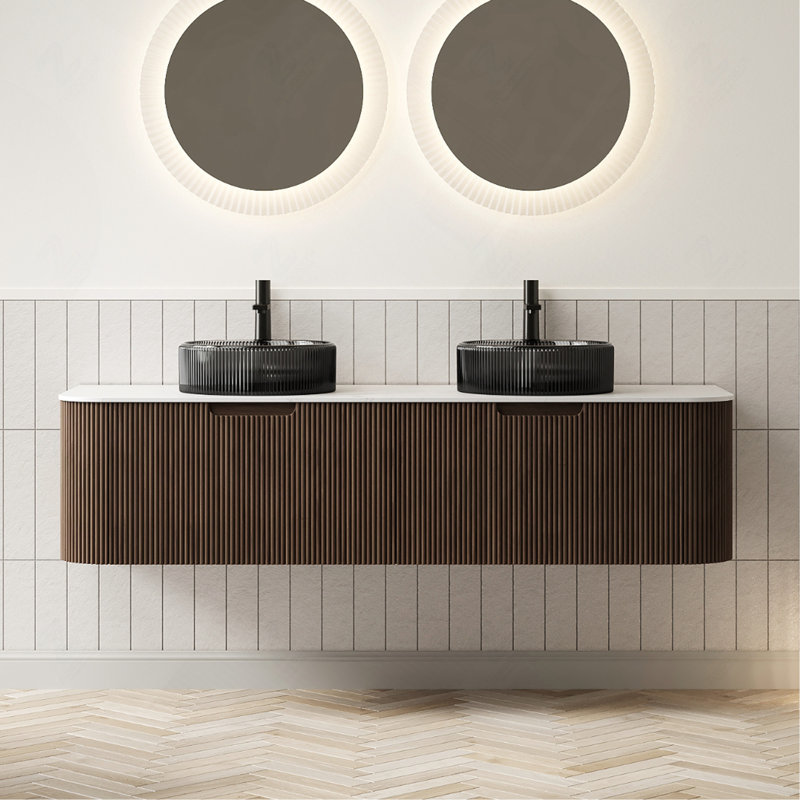 Ensemble de meuble-lavabo 60 po 60 po avec 2 tiroirs, 2 lavabos ronds transparents noirs et un plateau fritté blanc, noyer foncé pré-assemblé