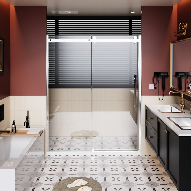 60 In W Shower Door Single Sliding 72 H With Aluminum Alloy Rail, Zinc Rollers, 1/4 Inch Thick Clear Tempered Glass - Glass, Stain Surface Stainless Steel Handle, Adjustable Guide Reversible Design,