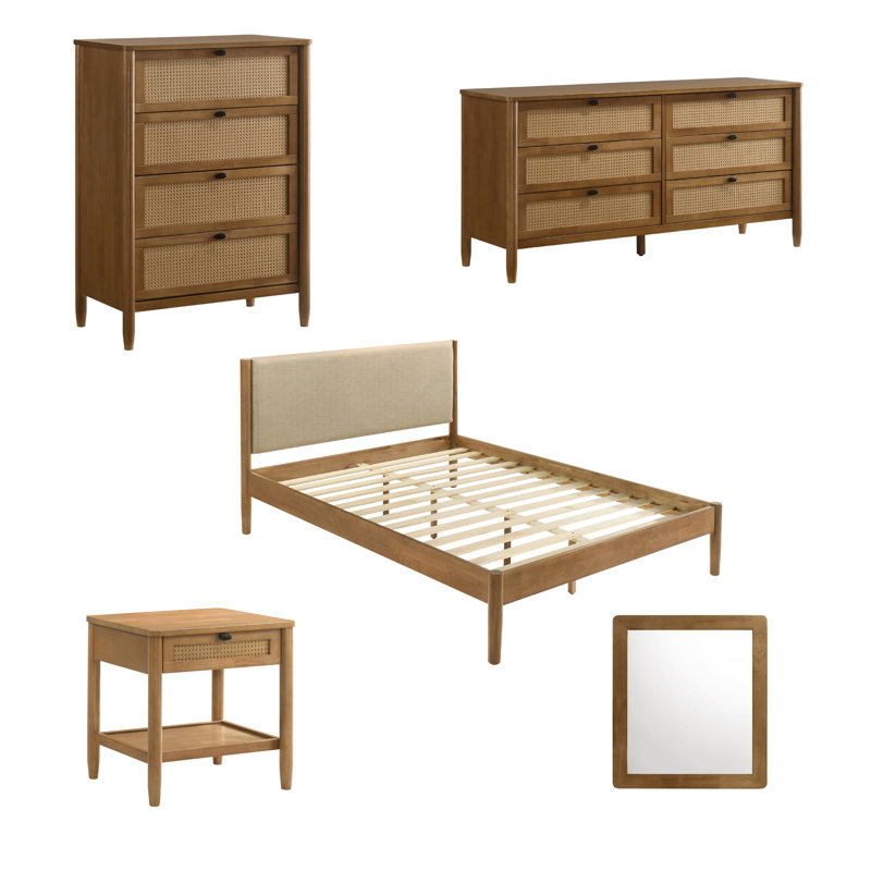 Ensemble de chambre à coucher 5 pièces en bois d'hévéa avec commode, miroir, table de chevet et commode Vichy