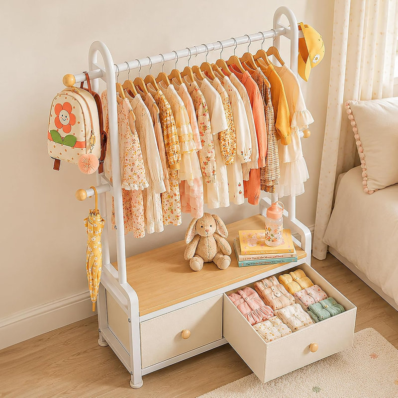  Kids Clothes Rack with Storage Drawers, Children Garment Rack, White, White