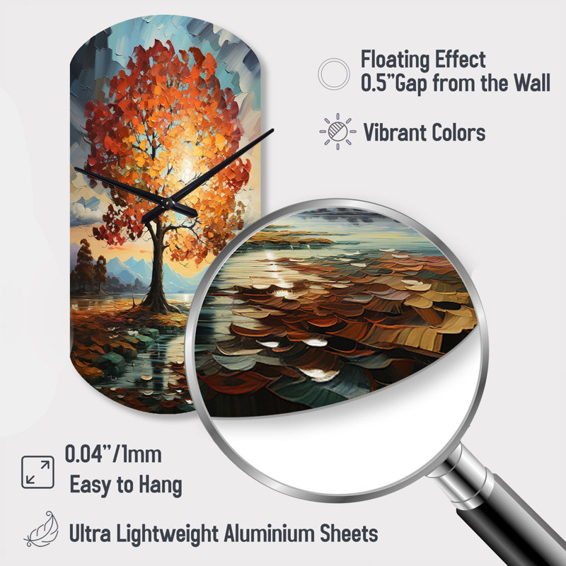 Orange Teal Maple Tree Majestic Maple - Cylinder Shape Decorative Orange Tree Maple Wall Clock, Small