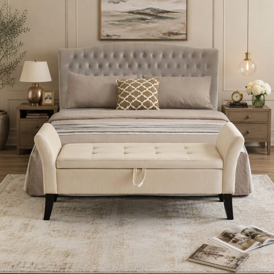 Banc de lit 51,5 po avec rangement en velours beige