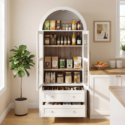 Grand garde-manger arqué de 71 po avec 2 grands tiroirs, style campagne moderne, porte vitrée, tablettes réglables et armoire polyvalente en bois pour la cuisine et la salle à manger