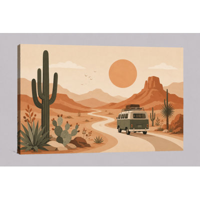 Grand voyage sur le désert, art mural rétro, camping-car, toile, cactus du sud-ouest, salon, bureau, chambre à coucher, décoration intérieure, impression sur toile 24 x 36 pouces - prête à être accrochée