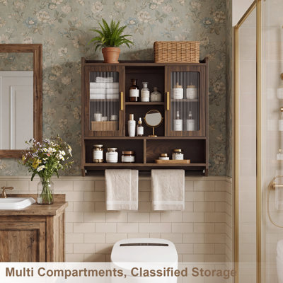 Armoire murale de salle de bain, armoire à pharmacie avec tablettes réglables et portes en acrylique, armoire de rangement au-dessus de la toilette avec porte-serviettes pour la salle de lavage, la salle de bain ou la cuisine (noyer)