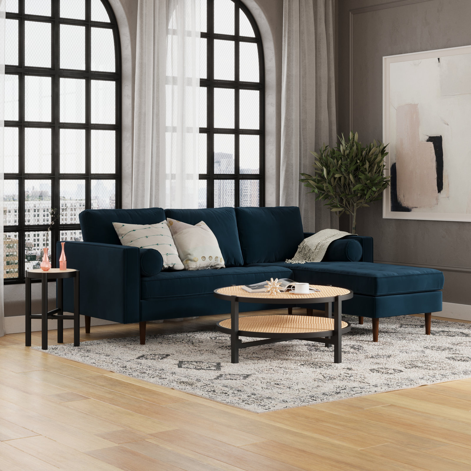 Geo 84" Wide Reversible Sofa and Chaise, Bella Ink Blue Performance Velvet