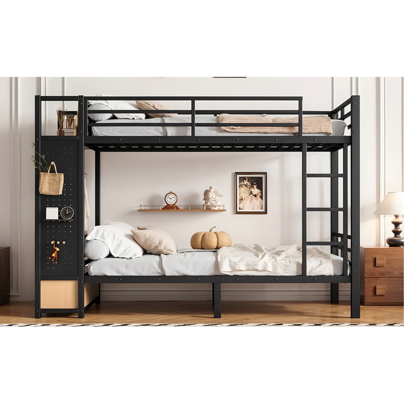 Lit superposé simple TG au-dessus de simple TG pour ados avec tablettes de rangement, tiroirs et panneau perforé, noir