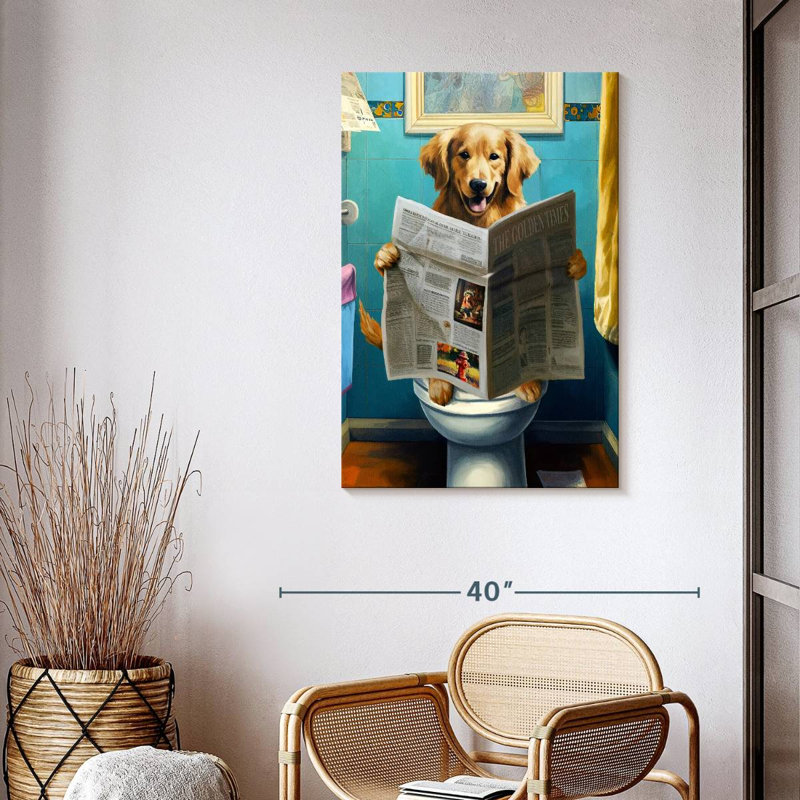 Golden retriever sur une toilette sur toile, H 39 po x l 26 po x P 1,25 po