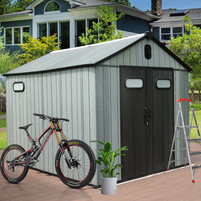 Outdoor Resin Storage Shed 8x10 ft, Waterproof Plastic Garden Shed with Lockable Door, Windows & Vents, and Outside Tool Storage Shed for Patio Furnit