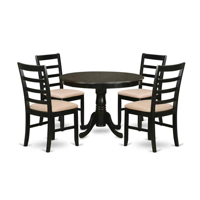 5 Piece Dinette Set for 4 Includes a Round Dining Table with Pedestal and 4 Linen Fabric Kitchen Dining Chairs, Cappuccino