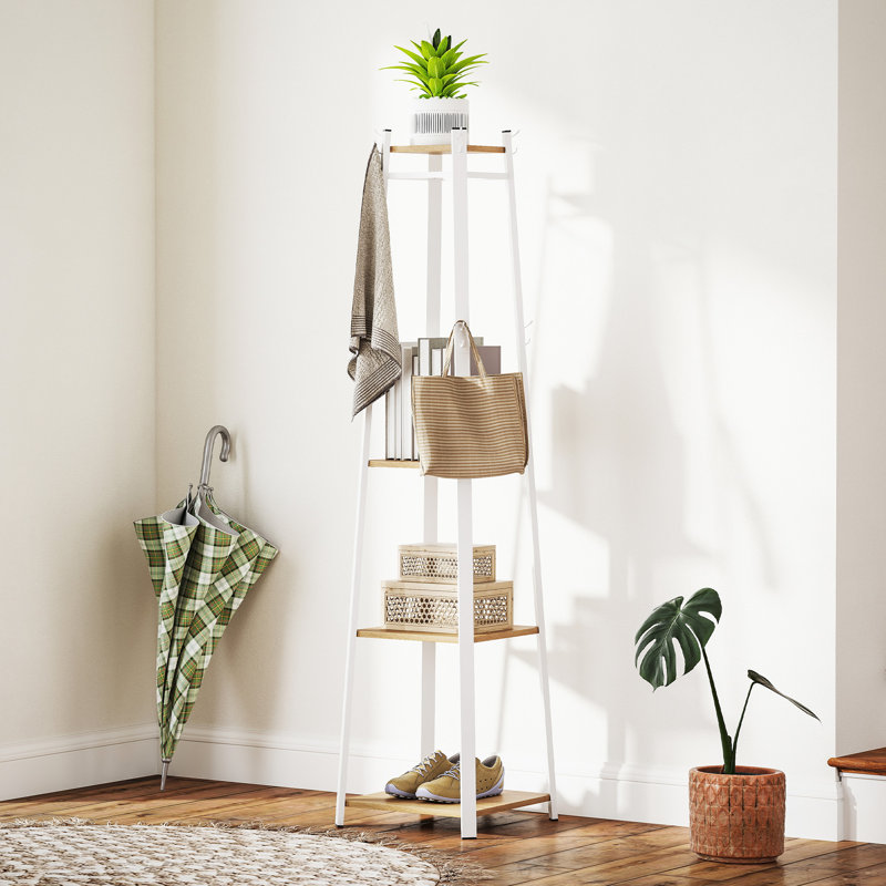Portant pour vêtements, support à vêtements avec 8 crochets et tablette à 3 niveaux, chêne