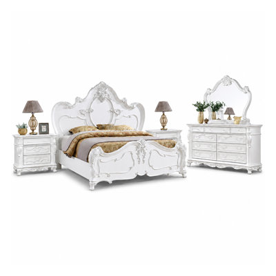 Ensemble de chambre avec grand lit 5 pièces Rosy, bois massif blanc, miroir 2 tables de chevet